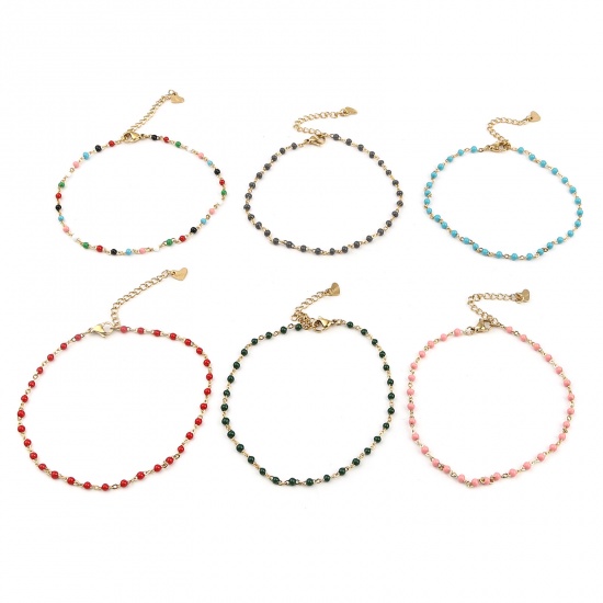 Picture of 304 Stainless Steel Stylish Link Cable Chain Anklet Gold Plated Peach Pink Enamel 23cm(9") long, 1 Piece