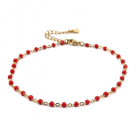 Picture of 304 Stainless Steel Stylish Link Cable Chain Anklet Gold Plated Red Enamel 23cm(9") long, 1 Piece