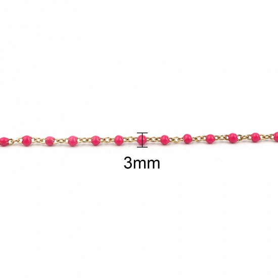 Picture of 304 Stainless Steel Stylish Link Cable Chain Anklet Gold Plated Fuchsia Enamel 23cm(9") long, 1 Piece