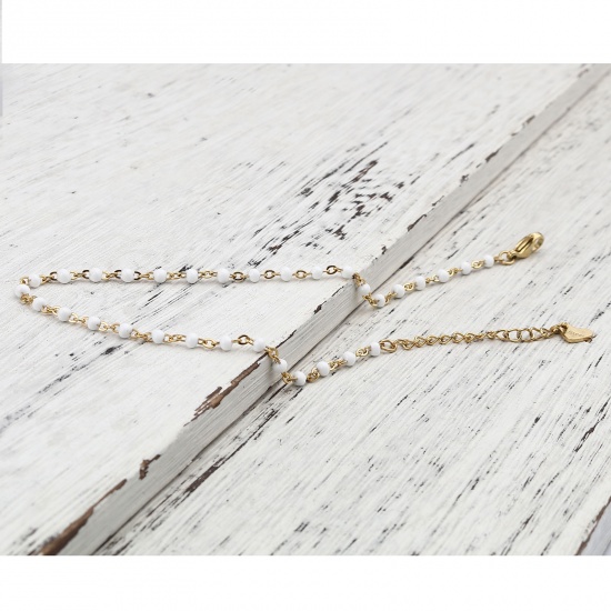 Picture of 304 Stainless Steel Stylish Link Cable Chain Anklet Gold Plated White Enamel 23cm(9") long, 1 Piece