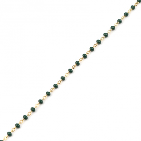 Picture of 304 Stainless Steel Link Cable Chain Necklace For DIY Jewelry Making Gold Plated Dark Green Enamel 45cm(17 6/8") long, 1 Piece