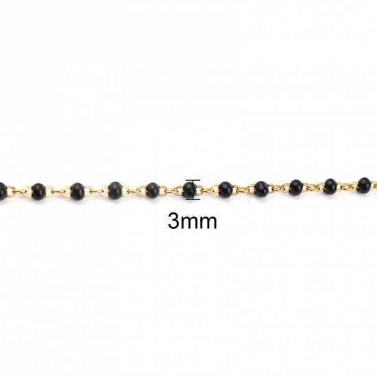 Picture of 304 Stainless Steel Link Cable Chain Necklace For DIY Jewelry Making Gold Plated Black Enamel 45cm(17 6/8") long, 1 Piece