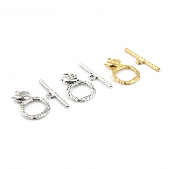 Picture of Zinc Based Alloy Toggle Clasps Circle Ring Gold Plated Bird 29mm x 6mm 26mm x 18mm, 20 Sets