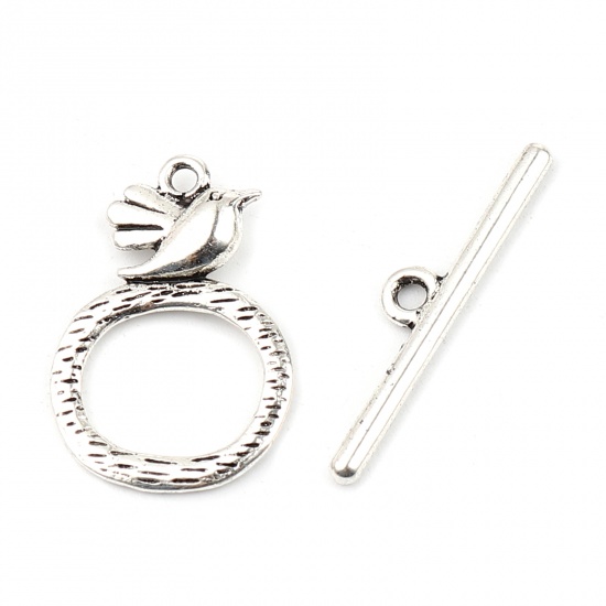 Picture of Zinc Based Alloy Toggle Clasps Circle Ring Antique Silver Color Bird 29mm x 6mm 26mm x 18mm, 20 Sets