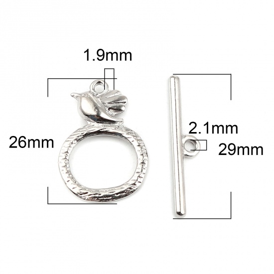 Picture of Zinc Based Alloy Toggle Clasps Circle Ring Silver Tone Bird 29mm x 6mm 26mm x 18mm, 20 Sets