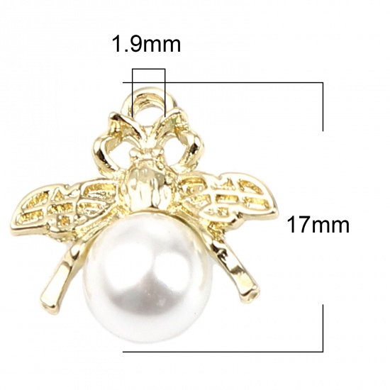 Picture of Zinc Based Alloy & Acrylic Insect Charms Bee Animal Gold Plated White Imitation Pearl 17mm x 17mm, 10 PCs