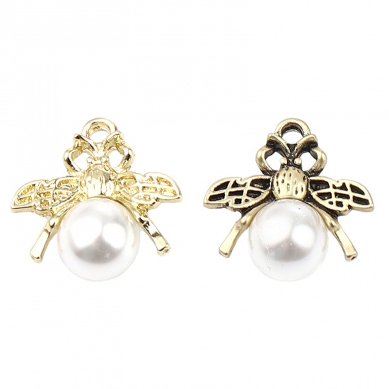 Picture of Zinc Based Alloy & Acrylic Insect Charms Bee Animal Gold Plated White Imitation Pearl 17mm x 17mm, 10 PCs
