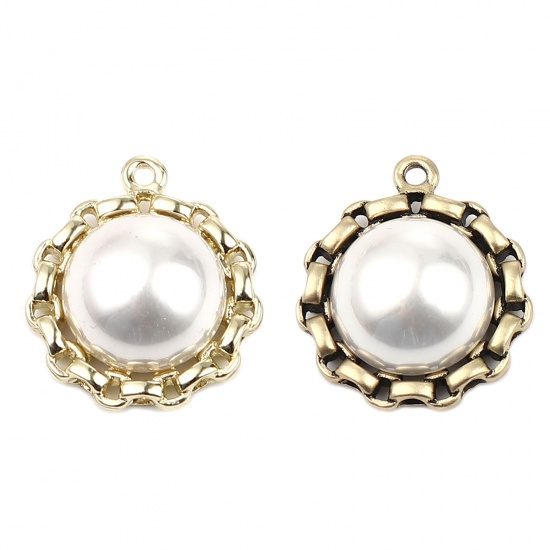Picture of Zinc Based Alloy & Acrylic Charms Round Gold Plated White Imitation Pearl 25mm x 21mm, 5 PCs