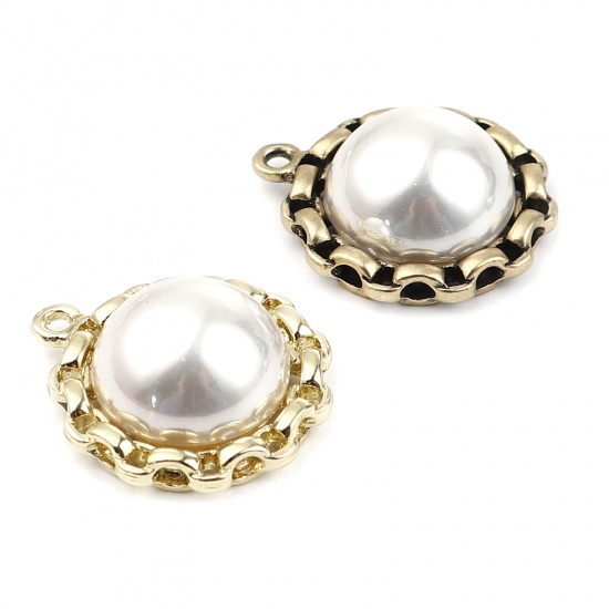 Picture of Zinc Based Alloy & Acrylic Charms Round Gold Plated White Imitation Pearl 25mm x 21mm, 5 PCs