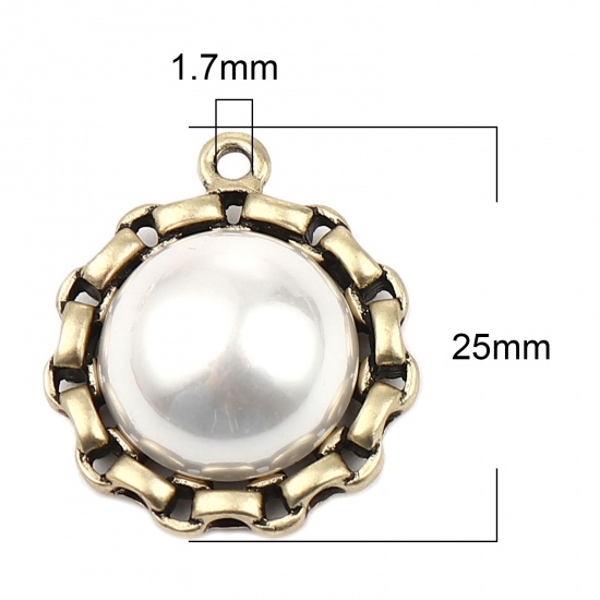 Picture of Zinc Based Alloy & Acrylic Charms Round Gold Tone Antique Gold White Imitation Pearl Matte 25mm x 21mm, 5 PCs