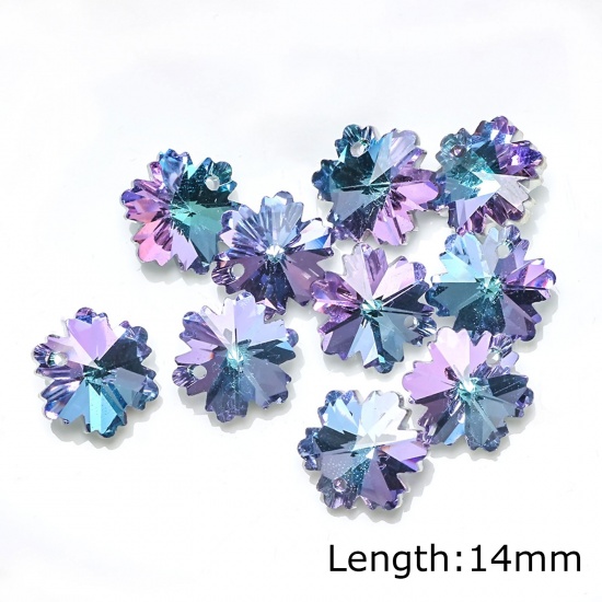 Picture of Glass AB Rainbow Color Aurora Borealis Charms Christmas Snowflake Purple & Blue 14mm, 10 PCs