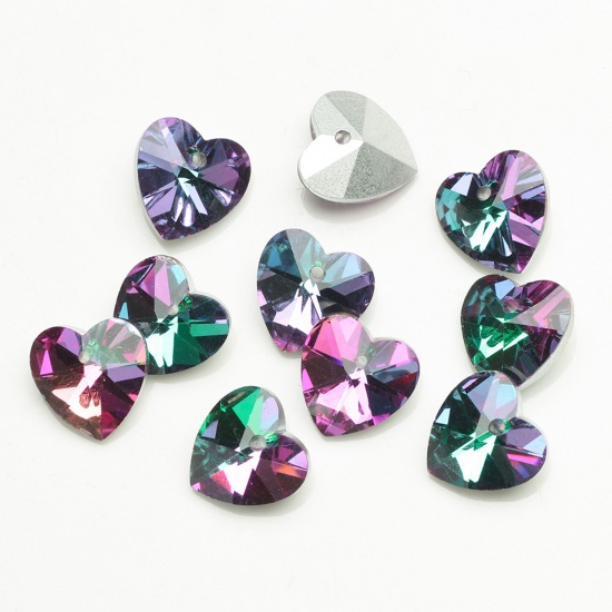 Picture of Glass AB Rainbow Color Aurora Borealis Charms Heart Purple & Green 14mm, 10 PCs