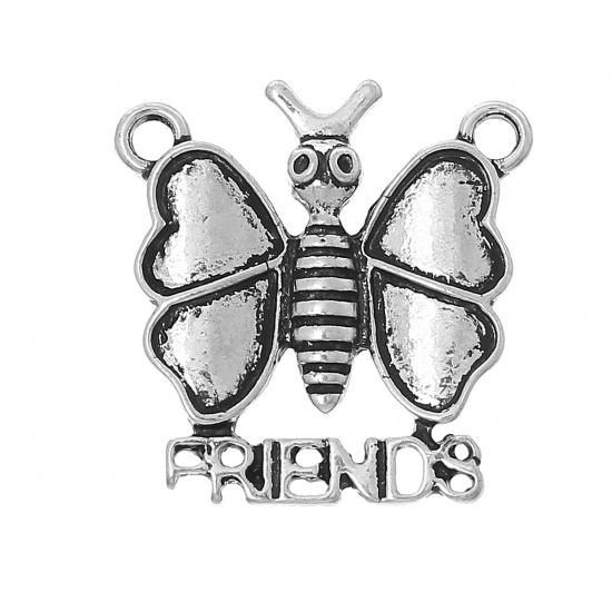 Picture of Zinc Metal Alloy Charm Pendants Butterfly Animal Antique Silver Message " Friends " Carved Hollow 22mm( 7/8") x 21mm( 7/8"), 10 PCs