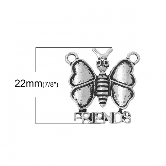 Picture of Zinc Metal Alloy Charm Pendants Butterfly Animal Antique Silver Message " Friends " Carved Hollow 22mm( 7/8") x 21mm( 7/8"), 10 PCs