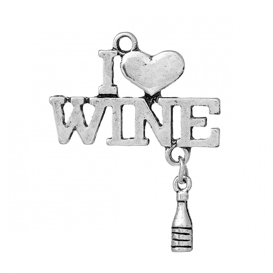Immagine di Lega di Zinco Charm Ciondoli Bottiglia Argento Antico Cuore Scolpito " wine " (Addetti ss6 Strass) Filigrana 35mm x 27mm , 10 Pz