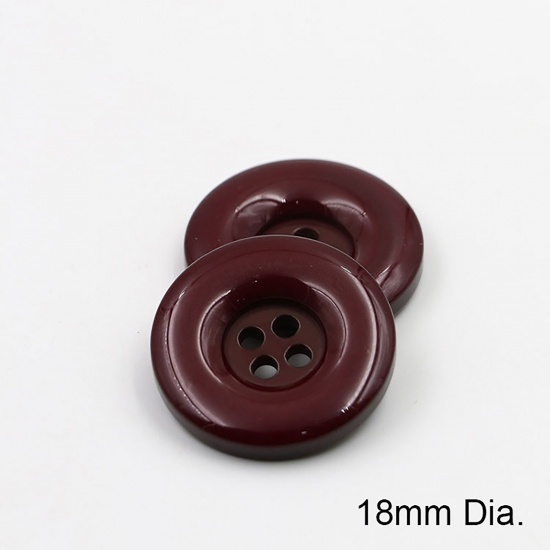 Immagine di Resina Bottone da Cucire Scrapbook Quattro Fori Tondo Rosso Scuro 18mm Dia, 50 Pz