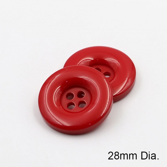 Bild von Harz Knöpfe für Aufnähen Scrapbooking 4 Löcher Rund Rot 28mm D., 50 Stück