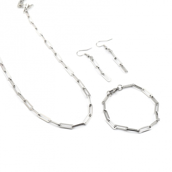 Picture of Stainless Steel Jewelry Necklace Bracelet Earrings Set Silver Tone Oval 50cm(19 5/8") long, 18cm(7 1/8") long, 6cm x 0.4cm, 1 Set ( 3 PCs/Set)