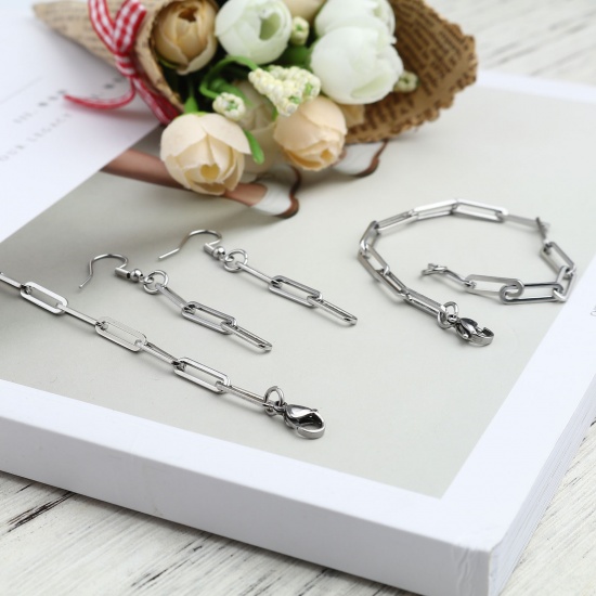 Picture of Stainless Steel Jewelry Necklace Bracelet Earrings Set Silver Tone Oval 50cm(19 5/8") long, 18cm(7 1/8") long, 6cm x 0.4cm, 1 Set ( 3 PCs/Set)