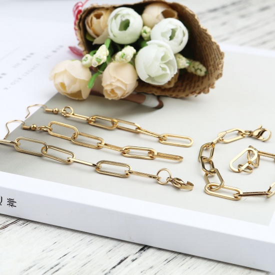 Picture of 1 Set ( 3 PCs/Set) Vacuum Plating Stainless Steel Jewelry Set Gold Plated Oval 45cm(17 6/8") long, 19.5cm(7 5/8") long, 9.2cm x 0.7cm