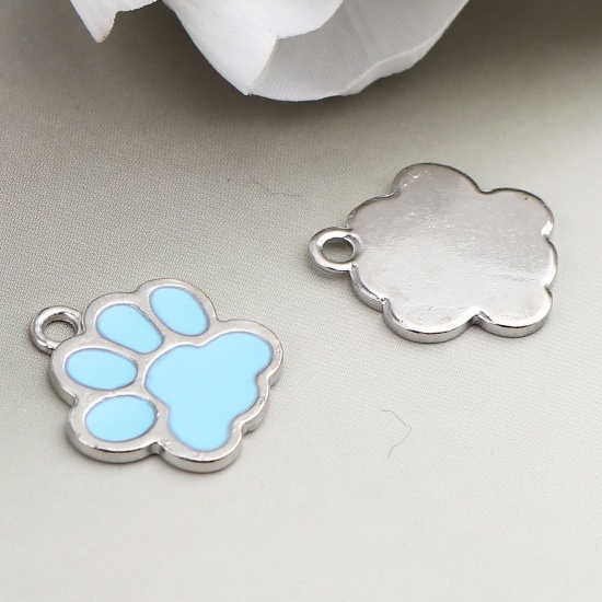 Picture of Zinc Based Alloy Charms Paw Claw Silver Tone Blue Enamel 17mm x 16mm, 20 PCs
