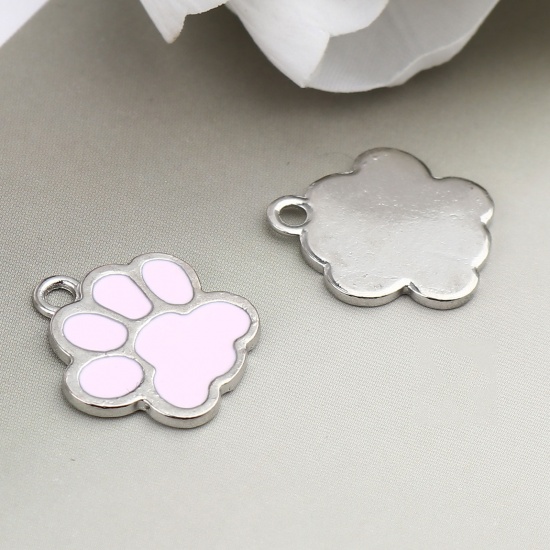 Picture of Zinc Based Alloy Charms Paw Claw Silver Tone Light Pink Enamel 17mm x 16mm, 20 PCs