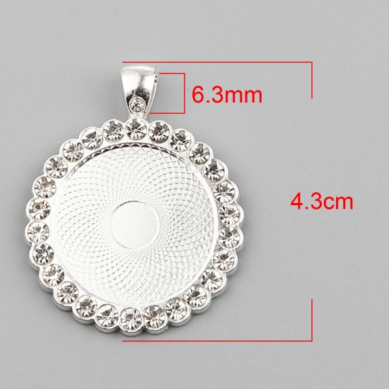 Picture of Zinc Based Alloy Cabochon Settings Pendants Round Silver Tone (Fits 25mm Dia.) Clear Rhinestone 43mm x 34mm, 5 PCs