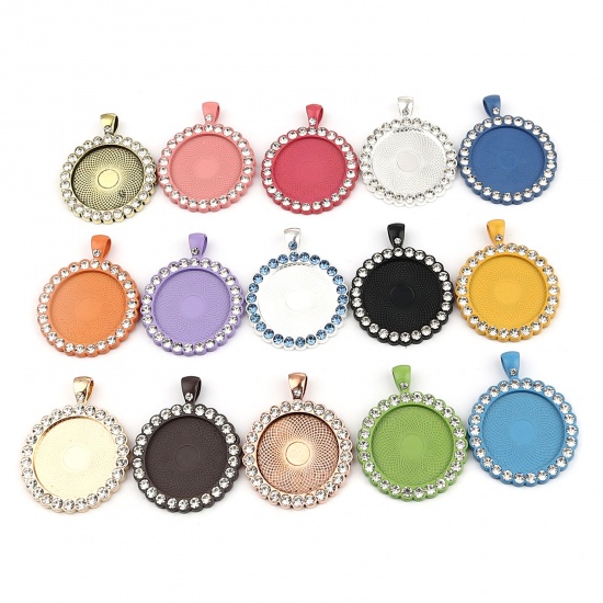 Picture of Zinc Based Alloy Cabochon Settings Pendants Round Silver Tone (Fits 25mm Dia.) Clear Rhinestone 43mm x 34mm, 5 PCs