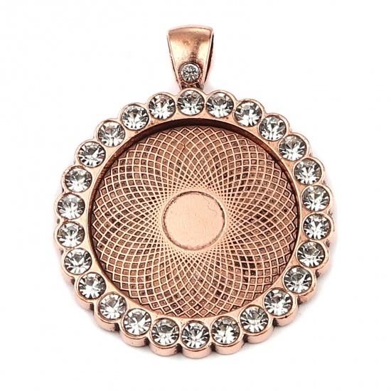 Picture of Zinc Based Alloy Cabochon Settings Pendants Round Antique Copper (Fits 25mm Dia.) Clear Rhinestone 43mm x 34mm, 5 PCs