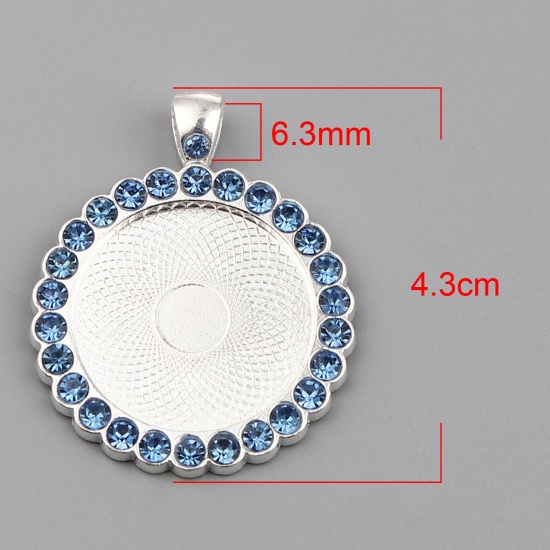 Picture of Zinc Based Alloy Cabochon Settings Pendants Round Silver Tone (Fits 25mm Dia.) Blue Rhinestone 43mm x 34mm, 5 PCs