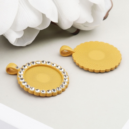 Picture of Zinc Based Alloy Cabochon Settings Pendants Round Yellow (Fits 25mm Dia.) Clear Rhinestone 43mm x 34mm, 5 PCs