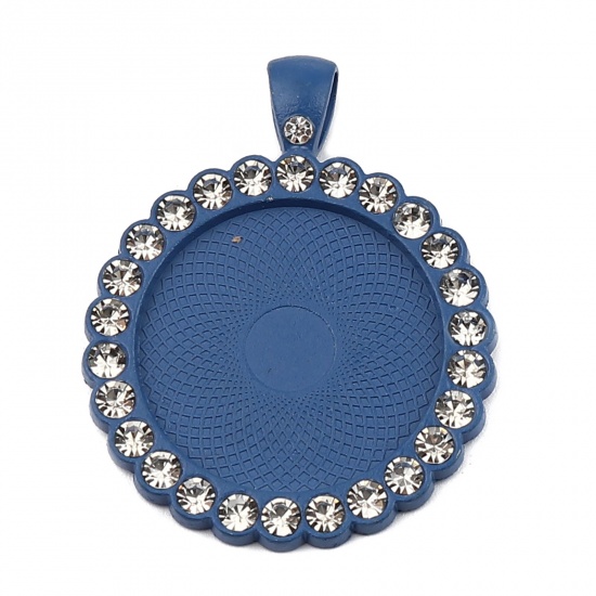 Picture of Zinc Based Alloy Cabochon Settings Pendants Round Royal Blue (Fits 25mm Dia.) Clear Rhinestone 43mm x 34mm, 5 PCs