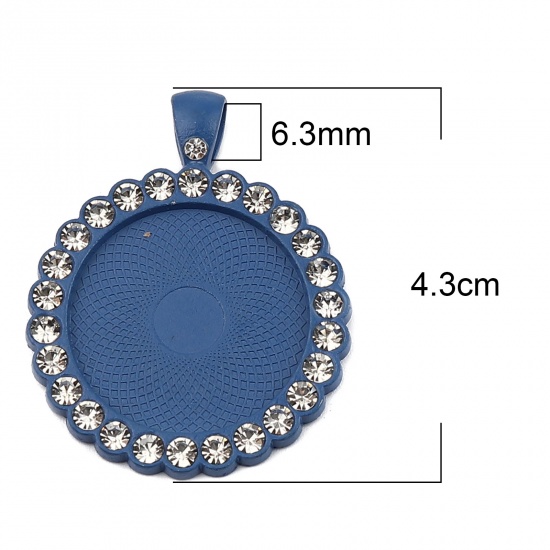 Immagine di Lega di Zinco Basi per Cabochon Ciondoli Tondo Blu Marino (Adatto 25mm) Trasparente Strass 43mm x 34mm, 5 Pz
