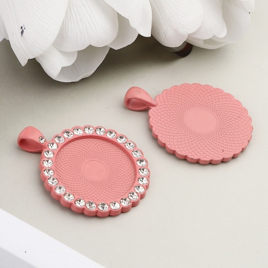 Immagine di Lega di Zinco Basi per Cabochon Ciondoli Tondo Rosa (Adatto 25mm) Trasparente Strass 43mm x 34mm, 5 Pz