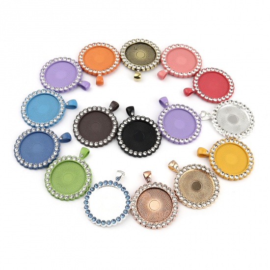Picture of Zinc Based Alloy Cabochon Settings Pendants Round Pink (Fits 25mm Dia.) Clear Rhinestone 43mm x 34mm, 5 PCs