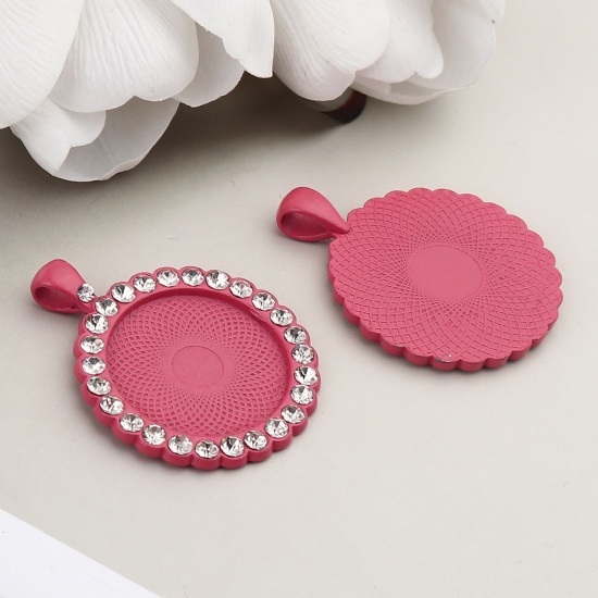 Picture of Zinc Based Alloy Cabochon Settings Pendants Round Hot Pink (Fits 25mm Dia.) Clear Rhinestone 43mm x 34mm, 5 PCs