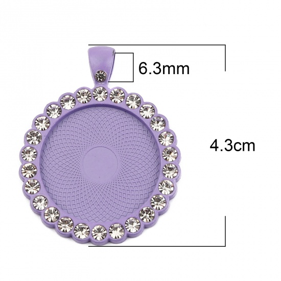 Picture of Zinc Based Alloy Cabochon Settings Pendants Round Purple (Fits 25mm Dia.) Clear Rhinestone 43mm x 34mm, 5 PCs