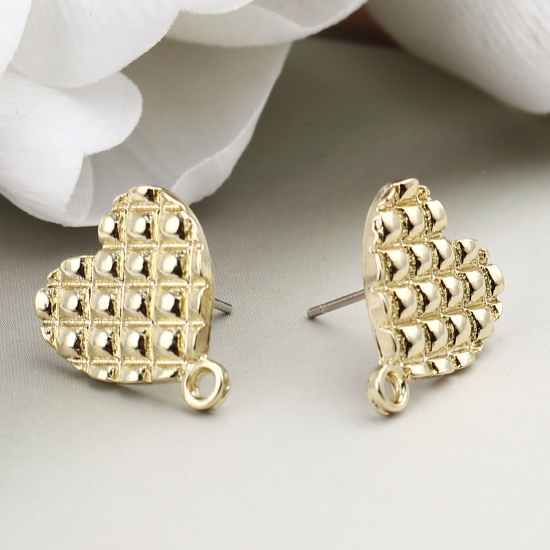 Picture of Ear Post Stud Earrings Findings Round Gold Plated W/ Loop 16mm x 13mm, Post/ Wire Size: (21 gauge), 10 PCs