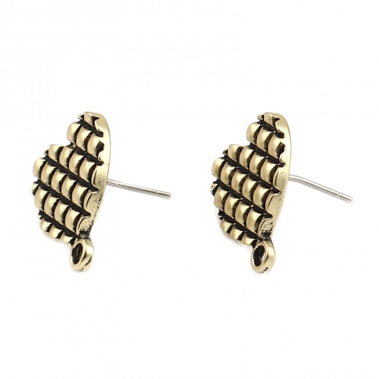Picture of Ear Post Stud Earrings Findings Round Gold Tone Antique Gold W/ Loop 16mm x 13mm, Post/ Wire Size: (21 gauge), 10 PCs