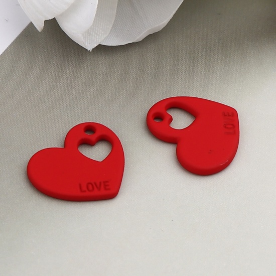 Picture of Zinc Based Alloy Valentine's Day Charms Heart Red Message " LOVE " Painted 18mm x 15mm, 10 PCs