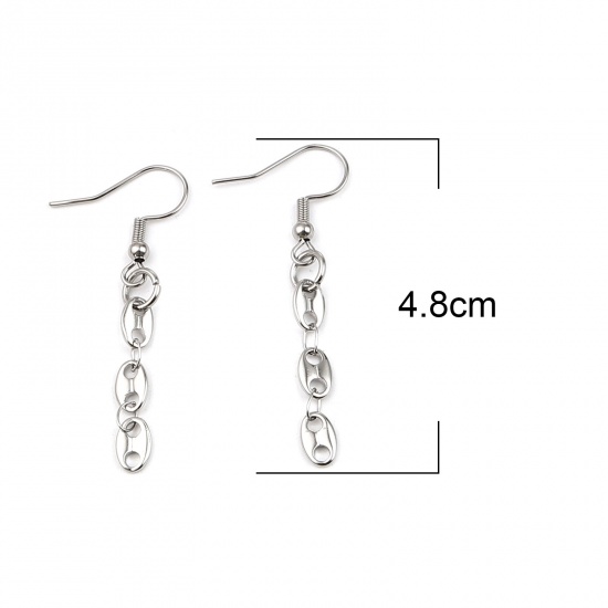 Picture of 304 Stainless Steel Link Chain Earrings Silver Tone Coffee Bean 48mm x 5mm, 1 Pair