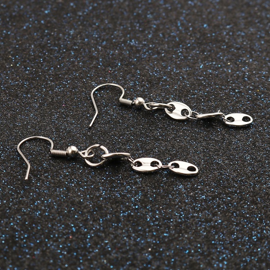 Picture of 304 Stainless Steel Link Chain Earrings Silver Tone Coffee Bean 48mm x 5mm, 1 Pair