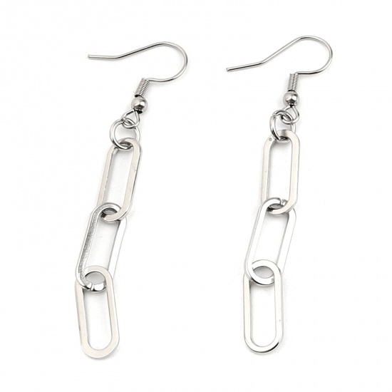 Picture of 304 Stainless Steel Link Chain Earrings Silver Tone Oval 65mm x 7mm, 1 Pair