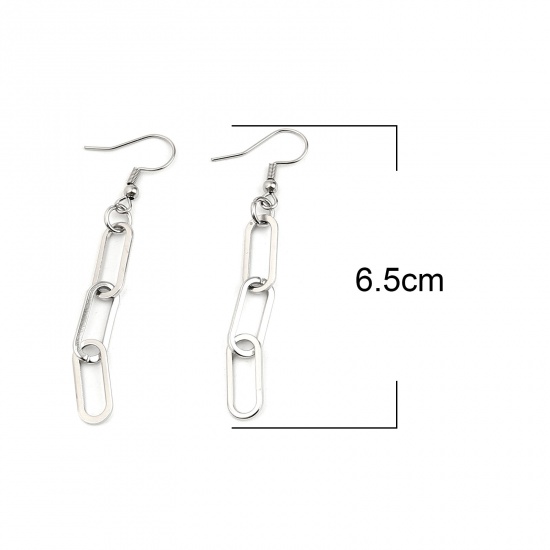 Picture of 304 Stainless Steel Link Chain Earrings Silver Tone Oval 65mm x 7mm, 1 Pair