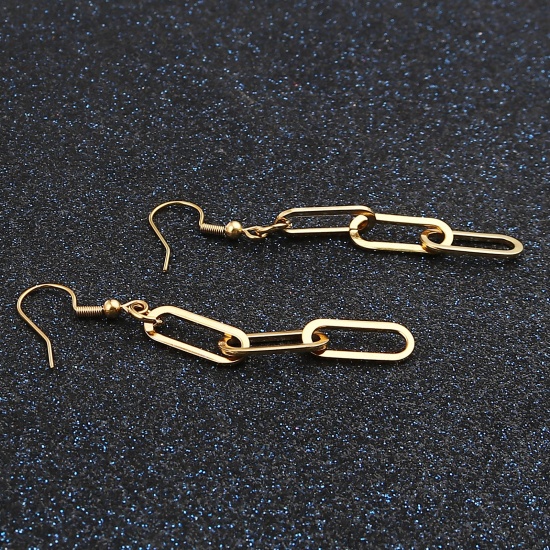 Picture of 1 Pair Vacuum Plating 304 Stainless Steel Link Chain Earrings Gold Plated Oval 65mm x 7mm