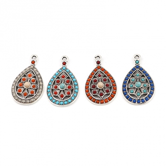 Picture of Zinc Based Alloy Boho Chic Bohemia Charms Drop Antique Silver Color Red Orange Rhinestone 29mm x 17mm, 5 PCs