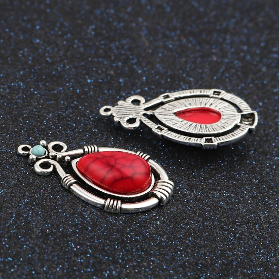 Picture of Zinc Based Alloy & Acrylic Boho Chic Bohemia Pendants Drop Antique Silver Color Red Imitation Turquoise 38mm x 22mm, 5 PCs