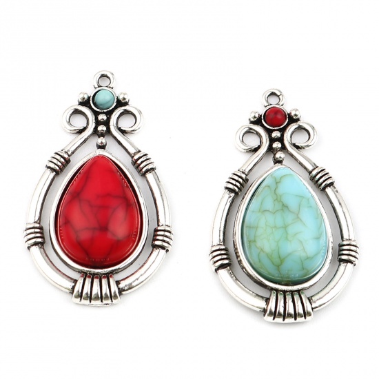 Picture of Zinc Based Alloy & Acrylic Boho Chic Bohemia Pendants Drop Antique Silver Color Red Imitation Turquoise 38mm x 22mm, 5 PCs