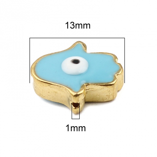 Bild von Zinklegierung Religiös Zwischenperlen Spacer Perlen Hamsa Symbol Hand Vergoldet Blau Böser Blick Evil Eye Emaille ca. 13mm x 11mm, Loch:ca. 1mm, 10 Stück
