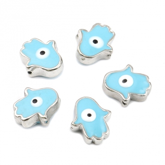 Picture of Zinc Based Alloy Religious Spacer Beads Hamsa Symbol Hand Silver Tone Blue Evil Eye Enamel About 13mm x 11mm, Hole: Approx 1mm, 10 PCs